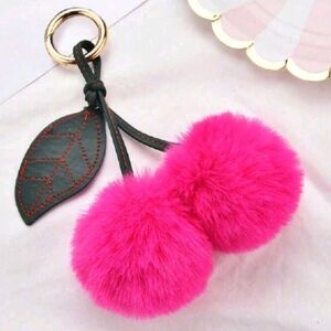 Pom Pom Cherry Keychain Bag Charm - White Or Rose Red